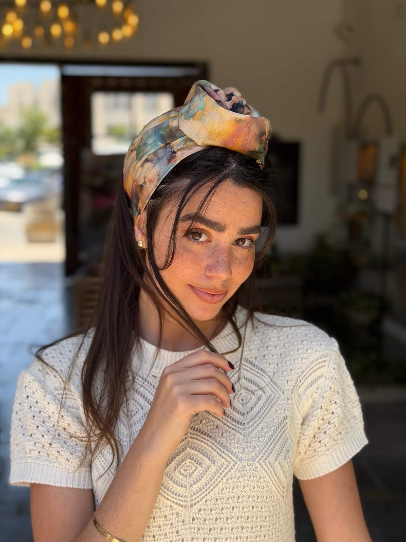 סרט קשירה לשיער ציור מים בד דמוי פשתן כחול ירוק חרדל ונגיעות ורדרדות