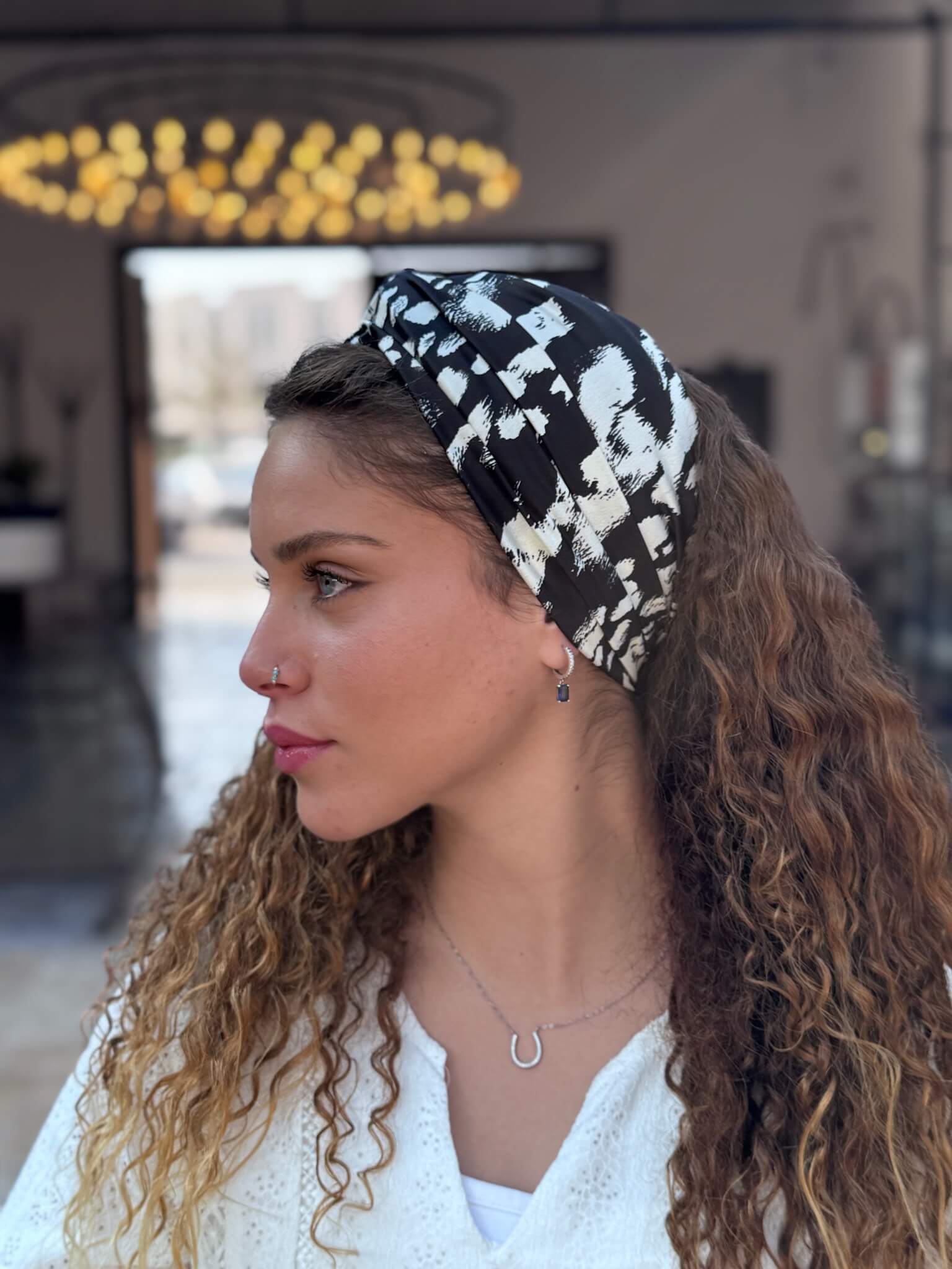 סרט לשיער שיפון מנומר שחור עם שמנת