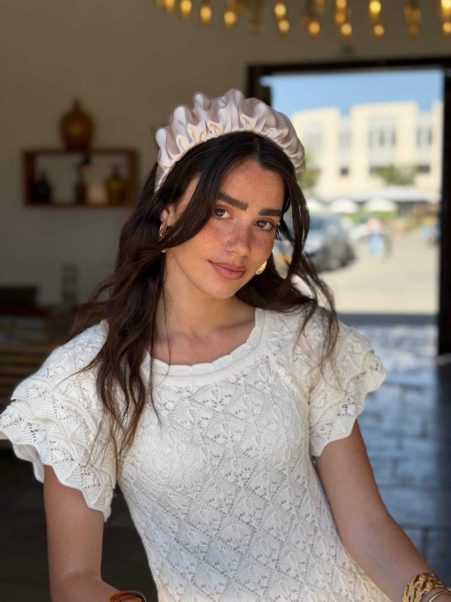 קשת לשיער שיפון בד סאטן פנינה שמנת חלק
