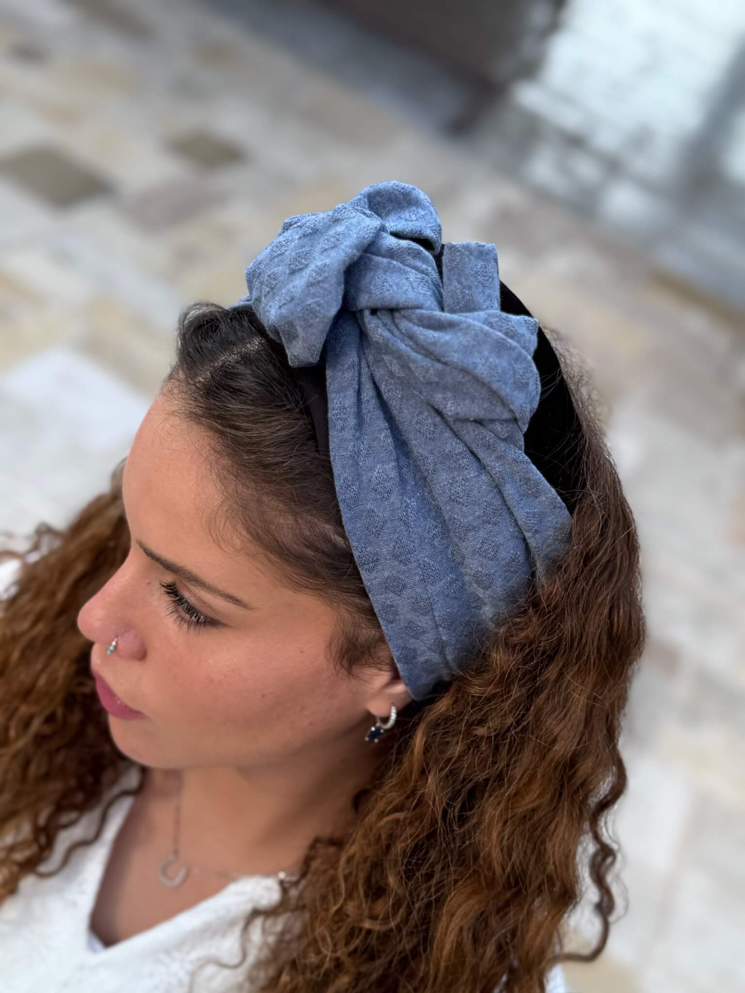 סרט קשירה לשיער בד חלק מעויינים מיוחד כחול גינס