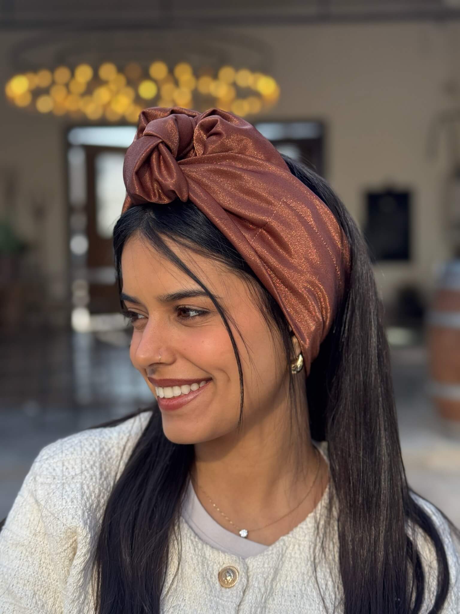 סרט קשירה לשיער חום נחושת מנצנץ