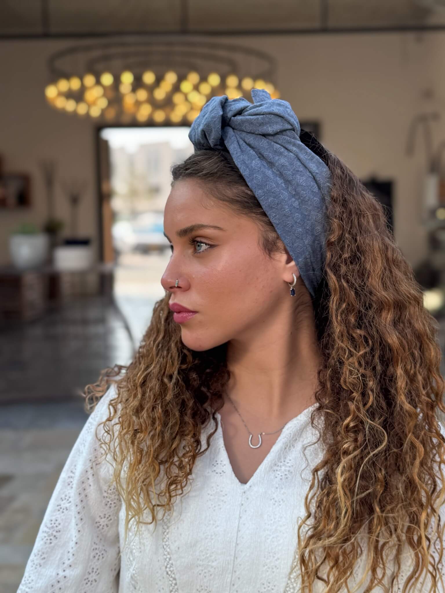 סרט קשירה לשיער בד חלק מעויינים מיוחד כחול גינס