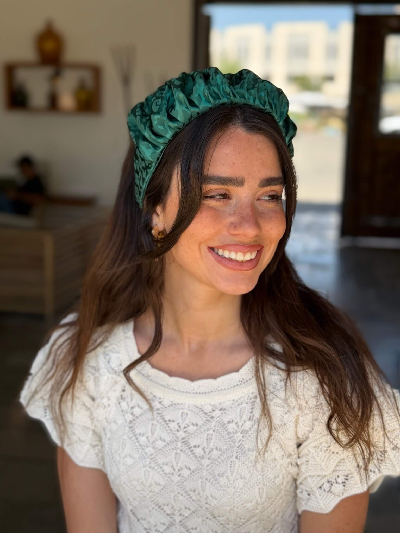קשת לשיער שיפון ירוק אמרלד מנומר צבע על צבע