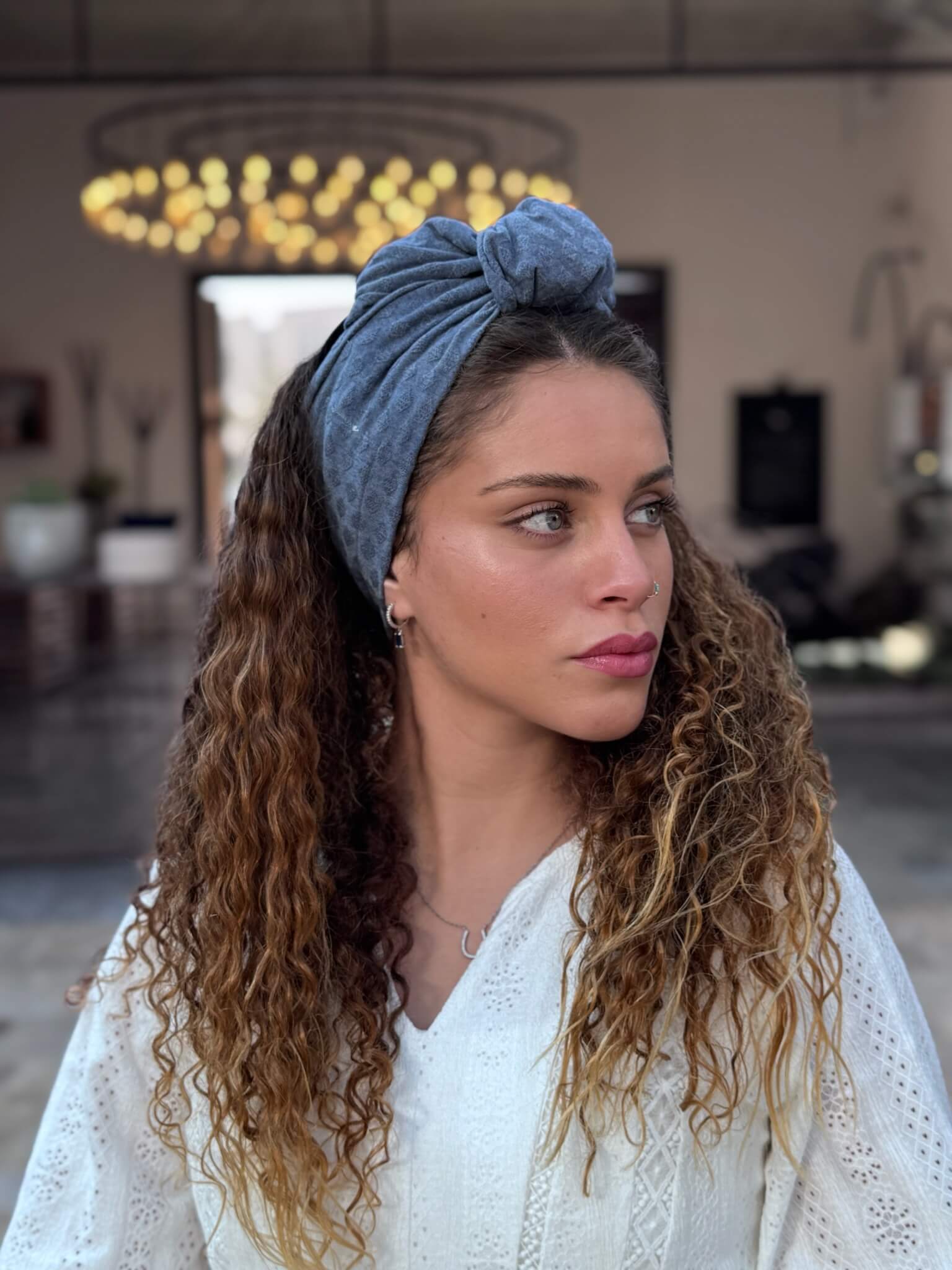 סרט קשירה לשיער בד חלק מעויינים מיוחד כחול גינס