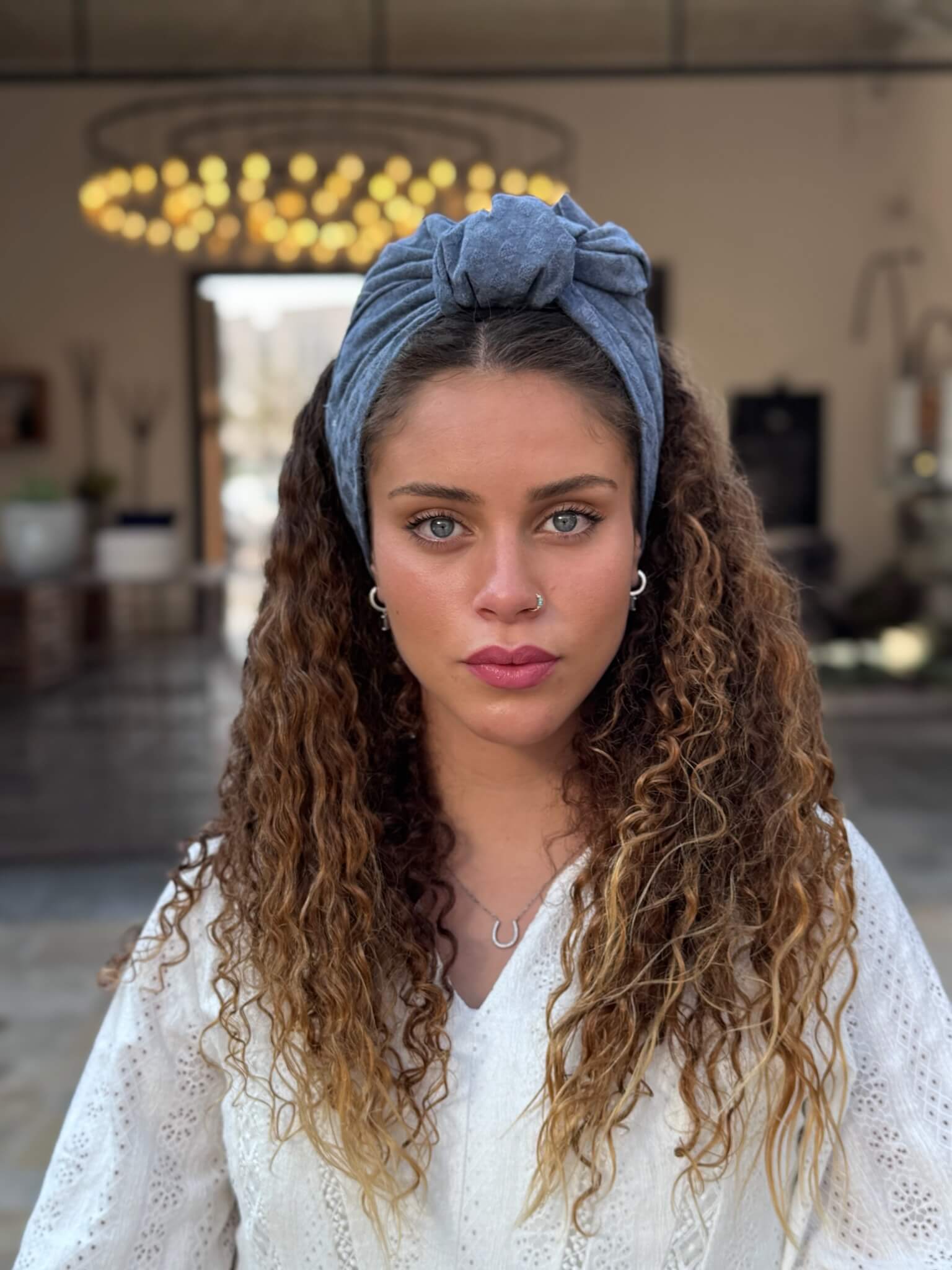סרט קשירה לשיער בד חלק מעויינים מיוחד כחול גינס