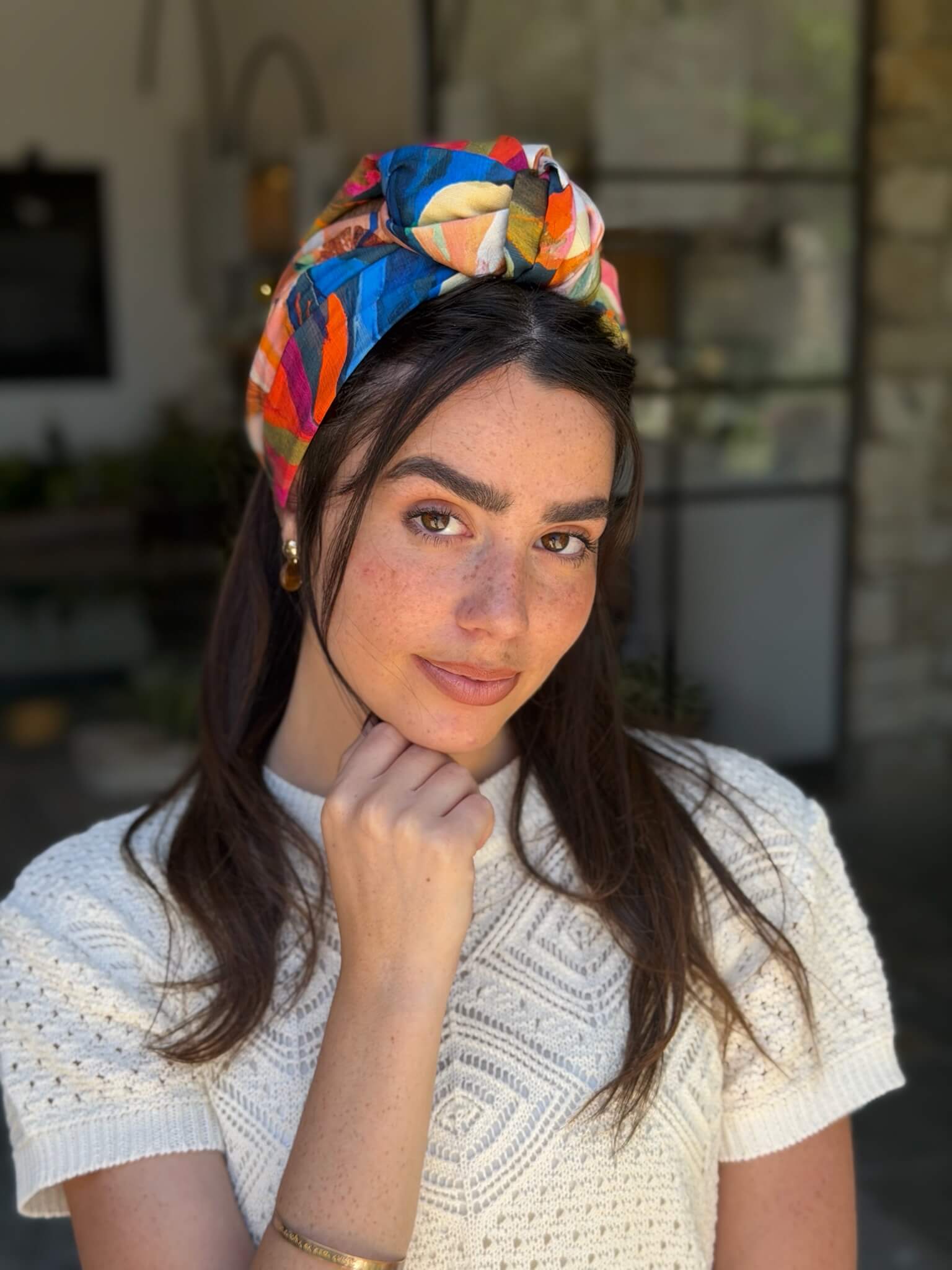 סרט קשירה לשיער בד דמוי פשתן ציבעוני מקושקש