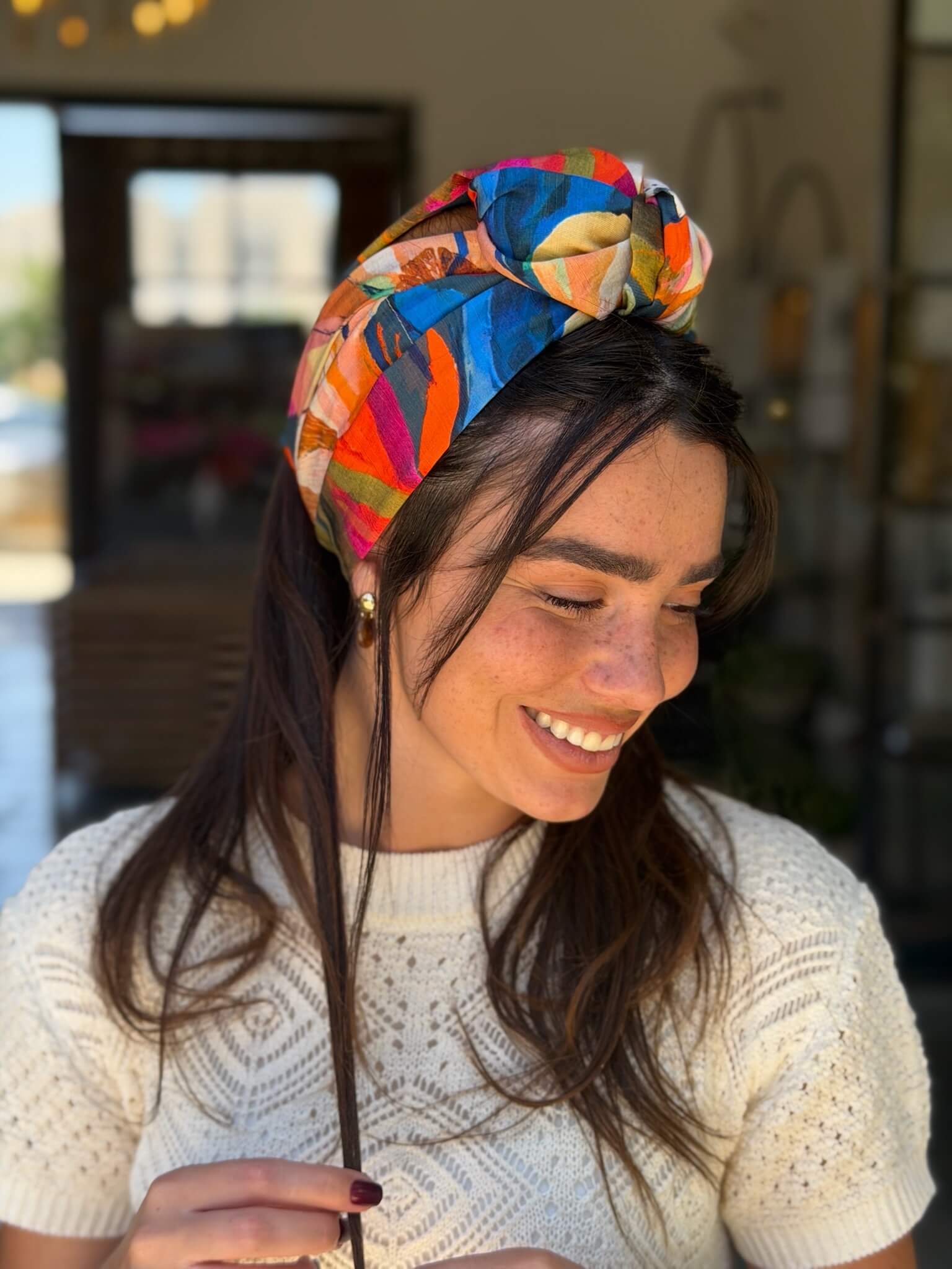 סרט קשירה לשיער בד דמוי פשתן ציבעוני מקושקש