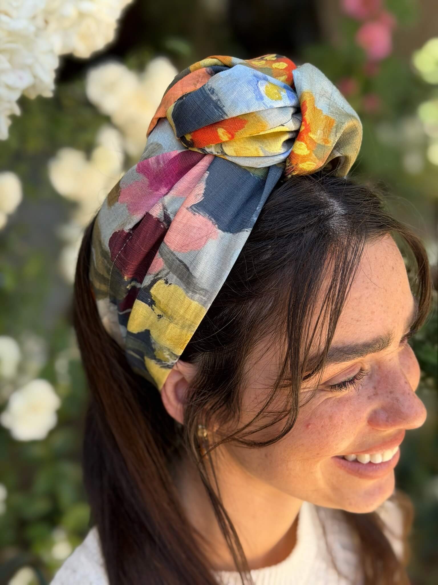 סרט קשירה לשיער בד דמוי פשתן פירחוני מקושקש