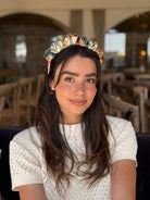 קשת לשיער שיפון ציבעוני בגווני ירוק כחול אדום וחרדל בסגנון צבעי מים