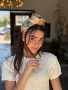 סרט קשירה לשיער ציור מים בד דמוי פשתן כחול ירוק חרדל ונגיעות ורדרדות