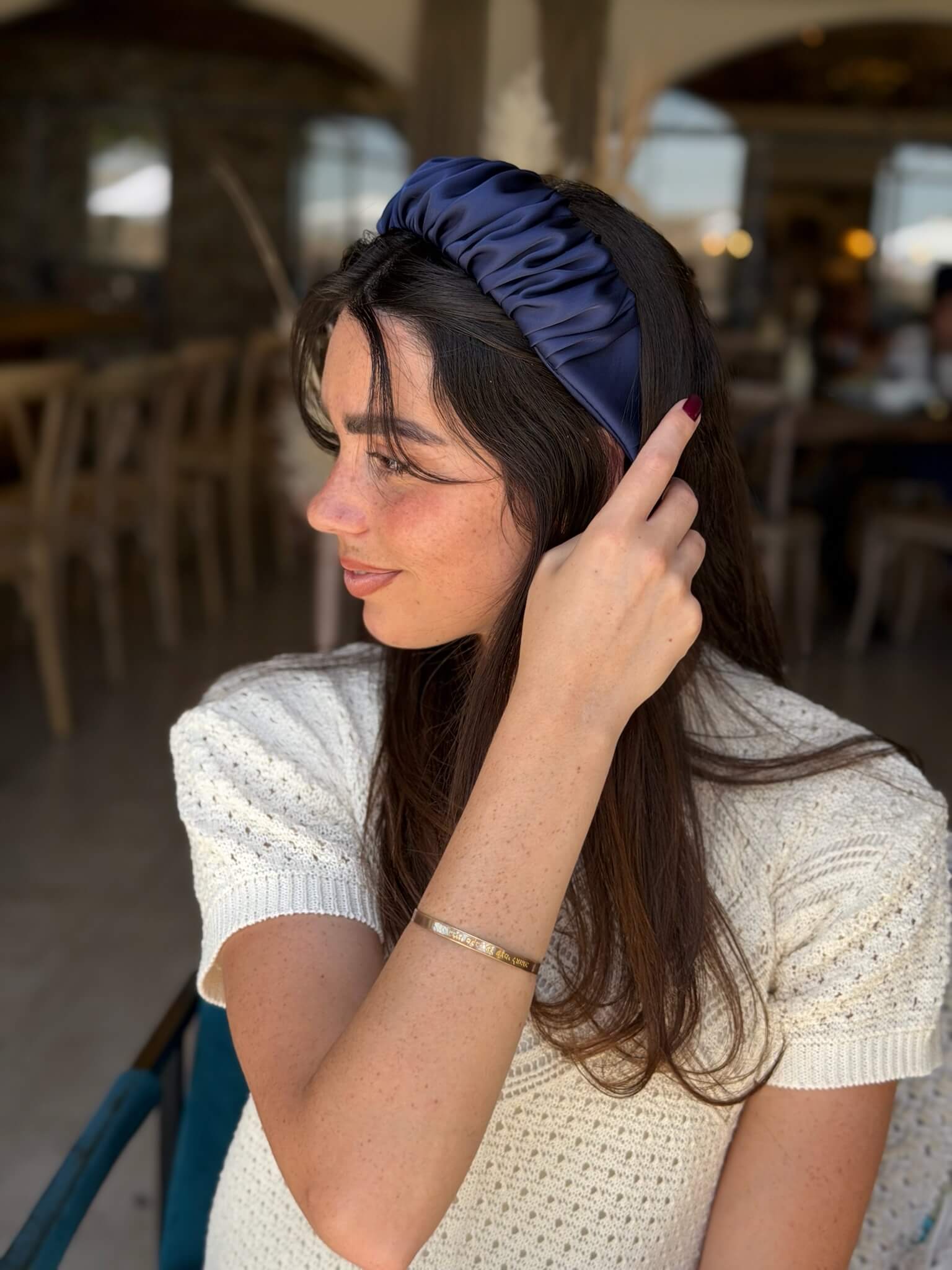 קשת לשיער שיפון מבריק כחול נייבי