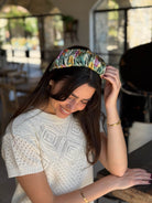 קשת לשיער שיפון פירחוני ציבעוניבגווני טורקיז ורוד חרדל וכתום