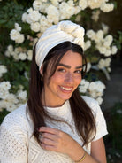 סרט קשירה לשיער שמנת עם רקמת פרחים צבע על צבע