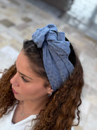 סרט קשירה לשיער בד חלק מעויינים מיוחד כחול גינס