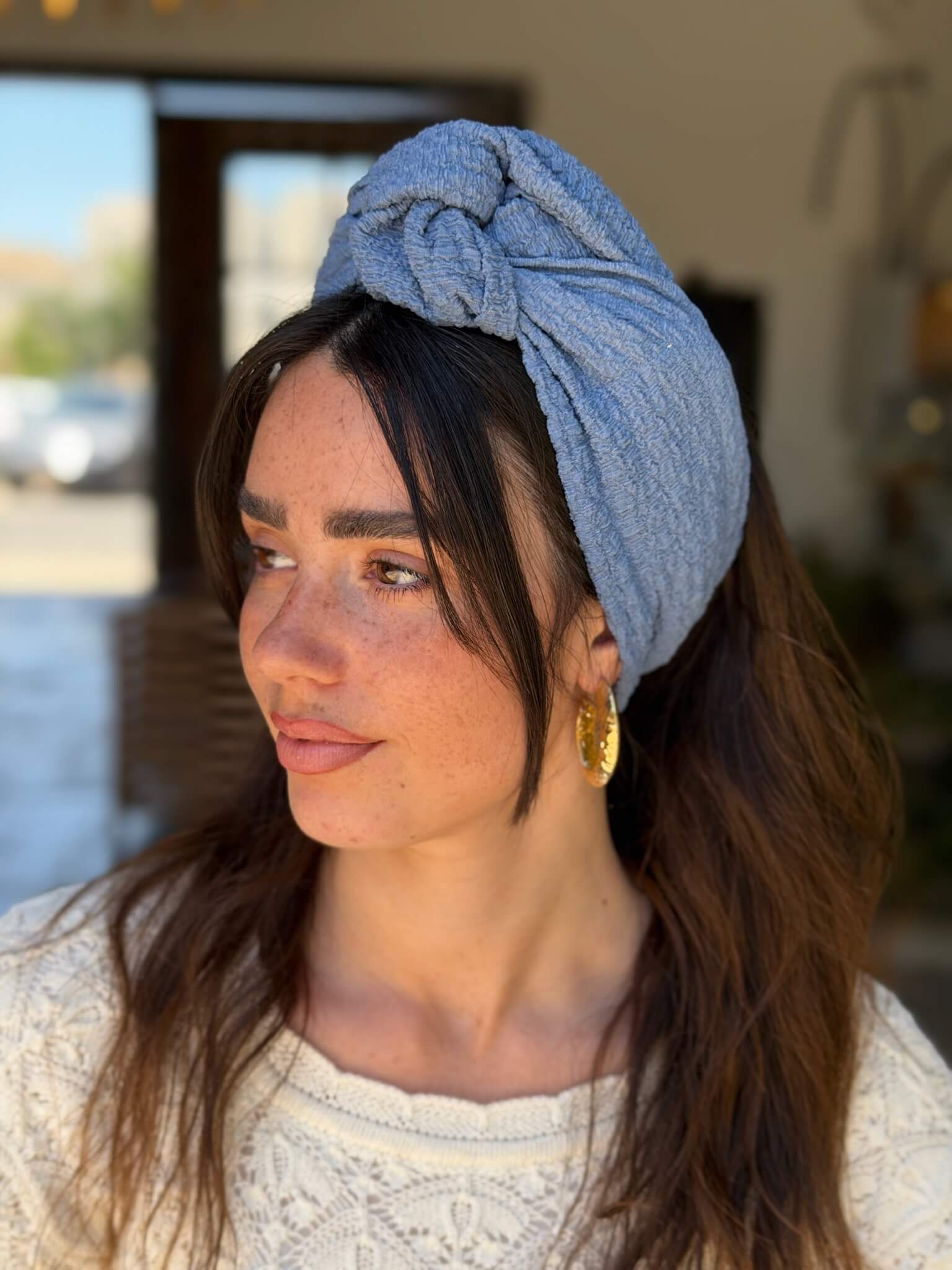 סרט קשירה לשיער בד בועות תכלת מעושן