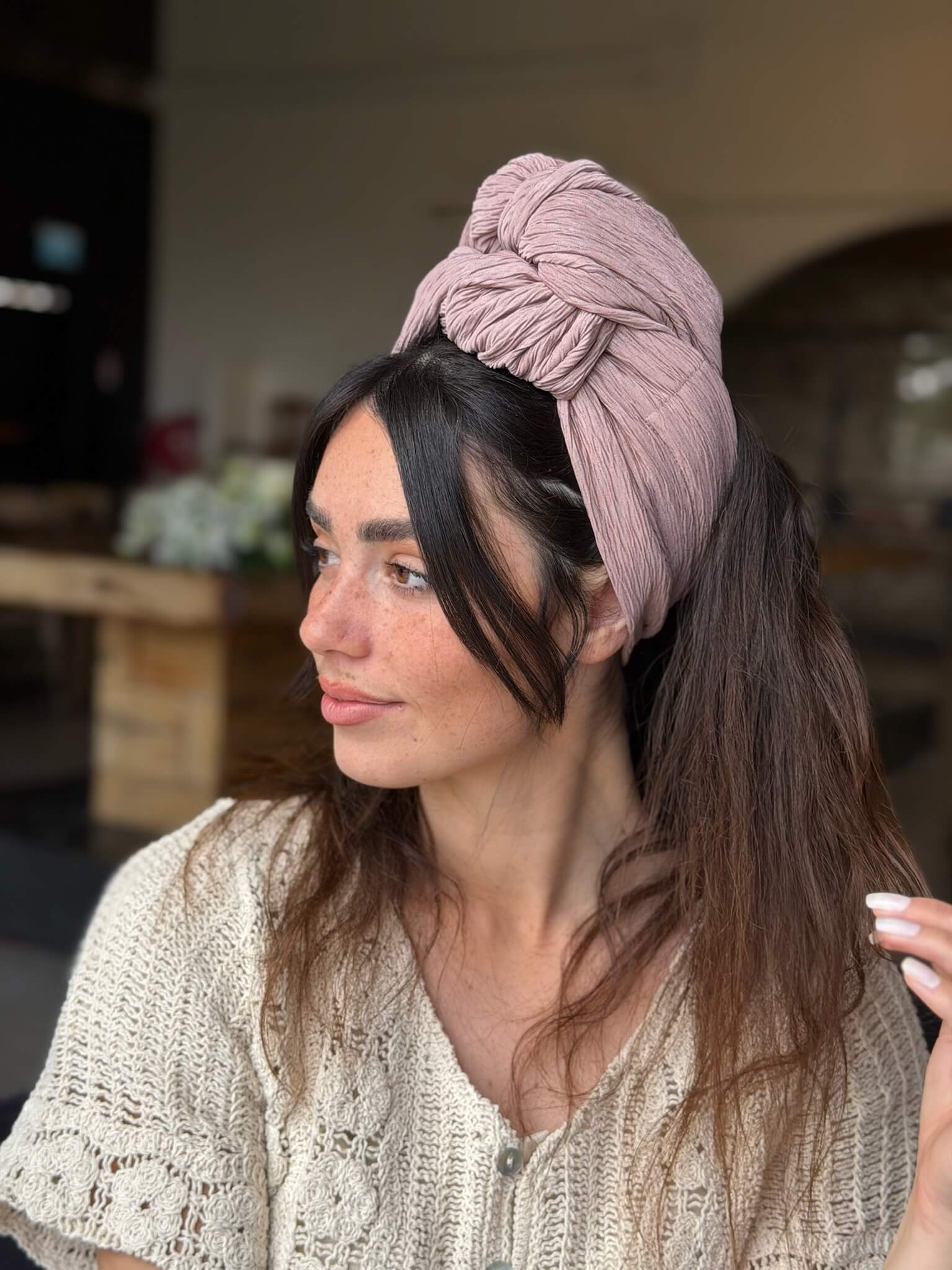 סרט קשירה לשיער מיני פליסה ורוד עתיק