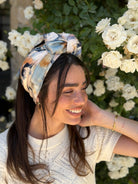 סרט קשירה לשיער בד דמוי פשתן  מקושקש כחול נייבי תכלת מעושן ושמנת