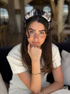 קשת לשיער בד שיפון שחור אפור ושמנת מעושן צבעי מים