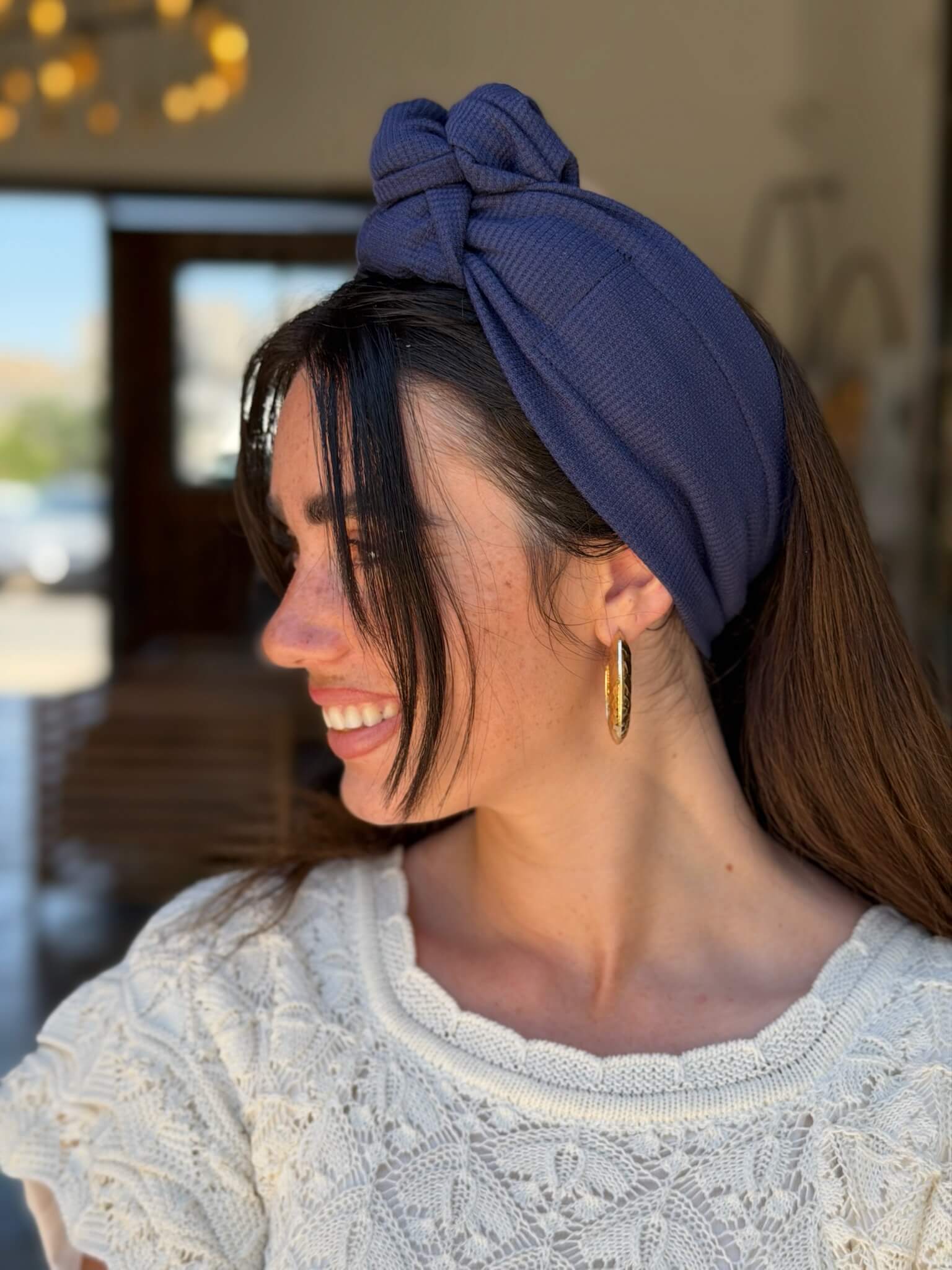 סרט קשירה לשיער כחול כהה בד פיקה