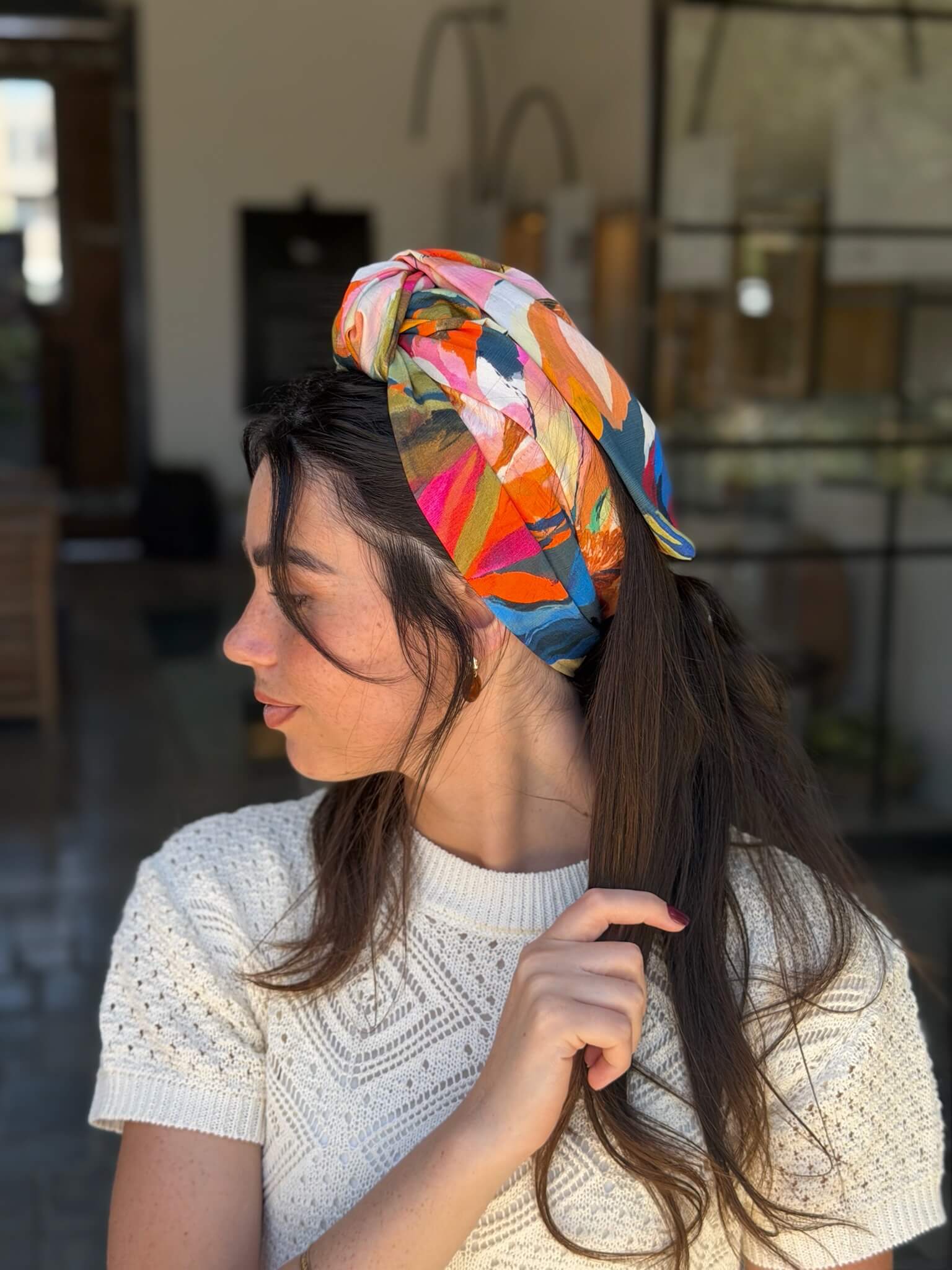 סרט קשירה לשיער בד דמוי פשתן ציבעוני מקושקש