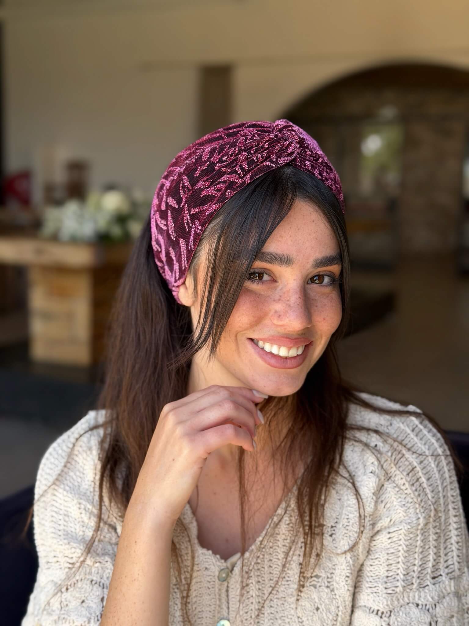 מיני טורבן בד רשת ורוד מטאלי בד צורות צבע על צבע