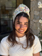 סרט קשירה לשיער שיפון רשת פסים פירחוני ציבעוני על בסיס אוף ווייט