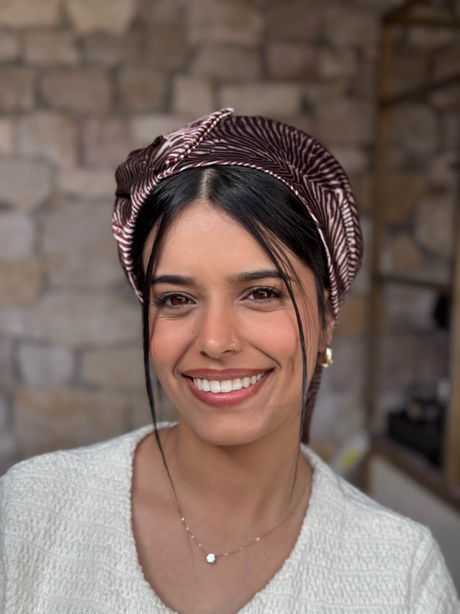 מטפחת ראש שיפון חום ובז זברה