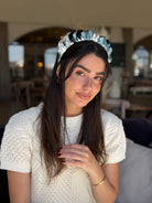 קשת לשיער שיפון בגווני טורקיז אפור ושמנת הדפס בסגנון צבעי מים