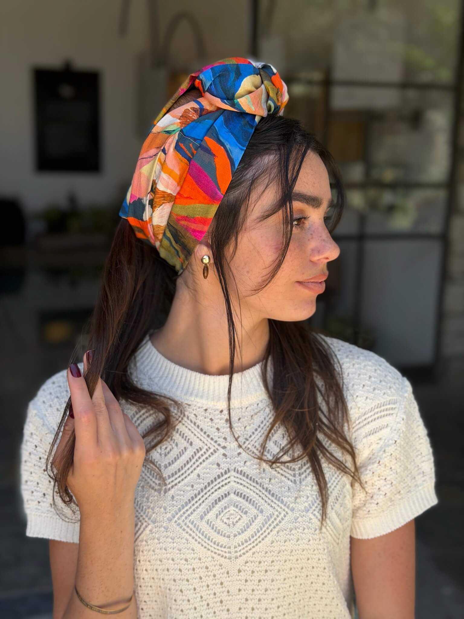 סרט קשירה לשיער בד דמוי פשתן ציבעוני מקושקש