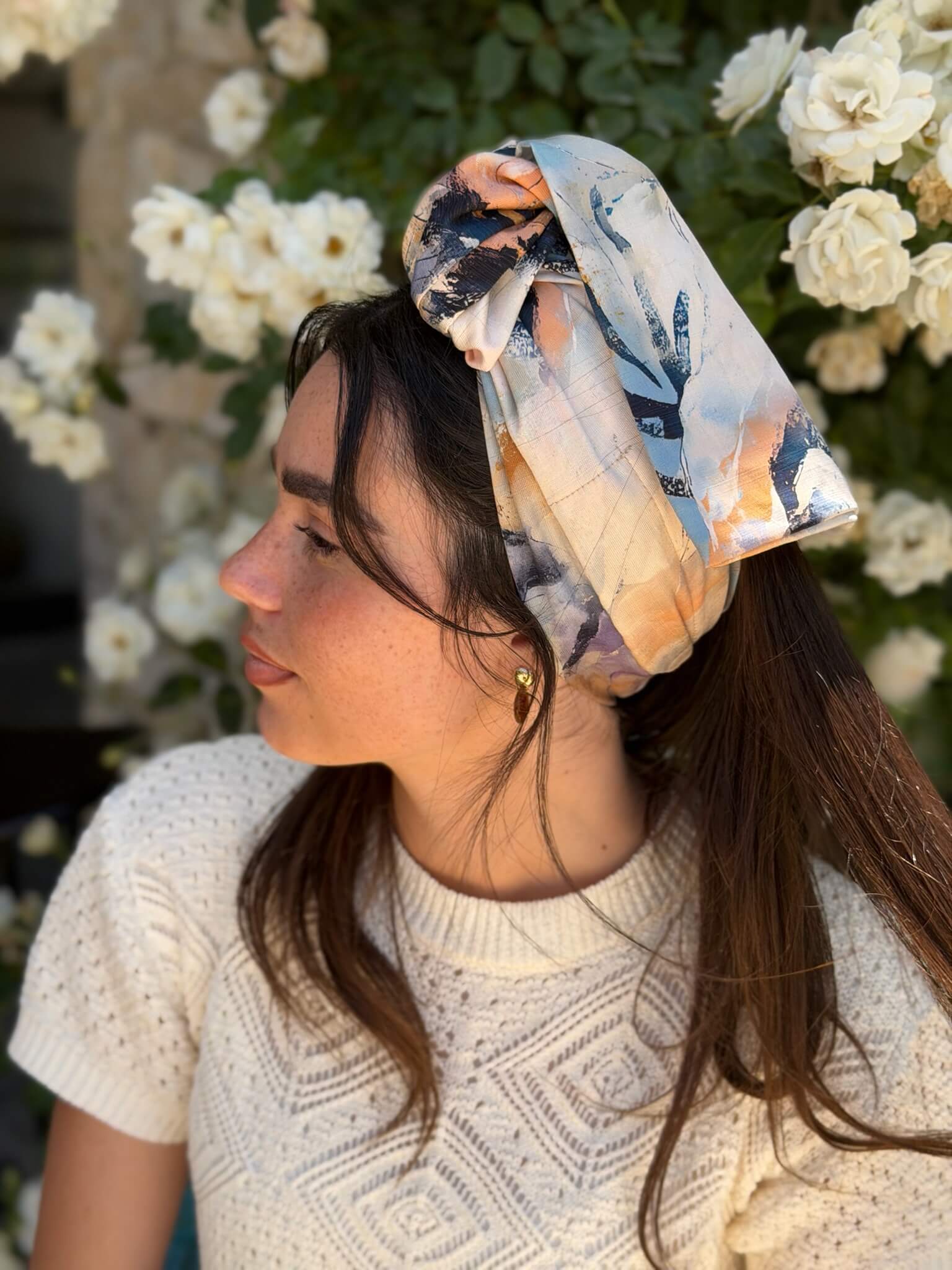 סרט קשירה לשיער בד דמוי פשתן  מקושקש כחול נייבי תכלת מעושן ושמנת